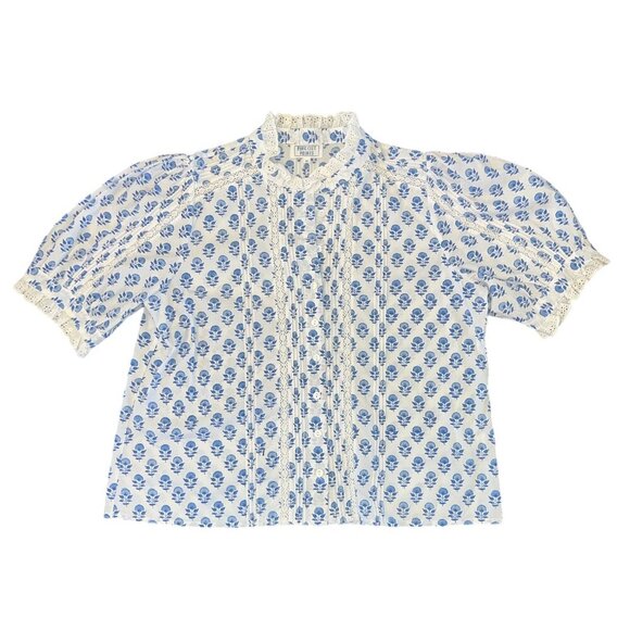 TUCKRENUCK PINK CITY PRINTS SKY BUTA VERA BUTTON FRONT EYELET BLOUSE SIZE SMALL - Picture 6 of 12